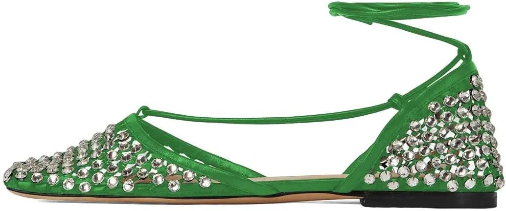 XYD Women Closed Square Toe Studded Flats Sandals Mesh D'Orsay Ankle Strap Slip On Prom Dance Ballroom Dress Shoes