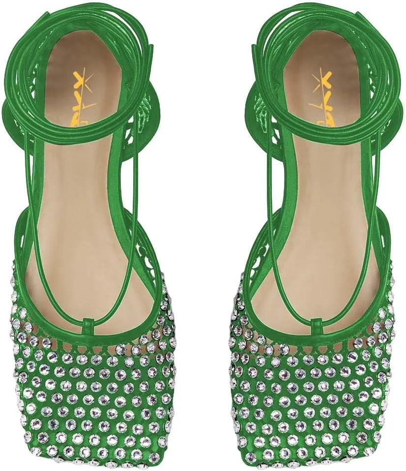 XYD Women Closed Square Toe Studded Flats Sandals Mesh D'Orsay Ankle Strap Slip On Prom Dance Ballroom Dress Shoes