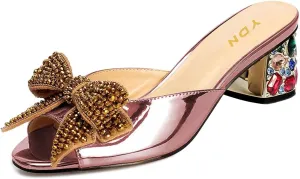 YDN Women Dressy Rhinestone Bows Mules Round Open Toe Sandals Slip on Slippers Block Low Heels Shoes Shopping Daily Size 4-15 US