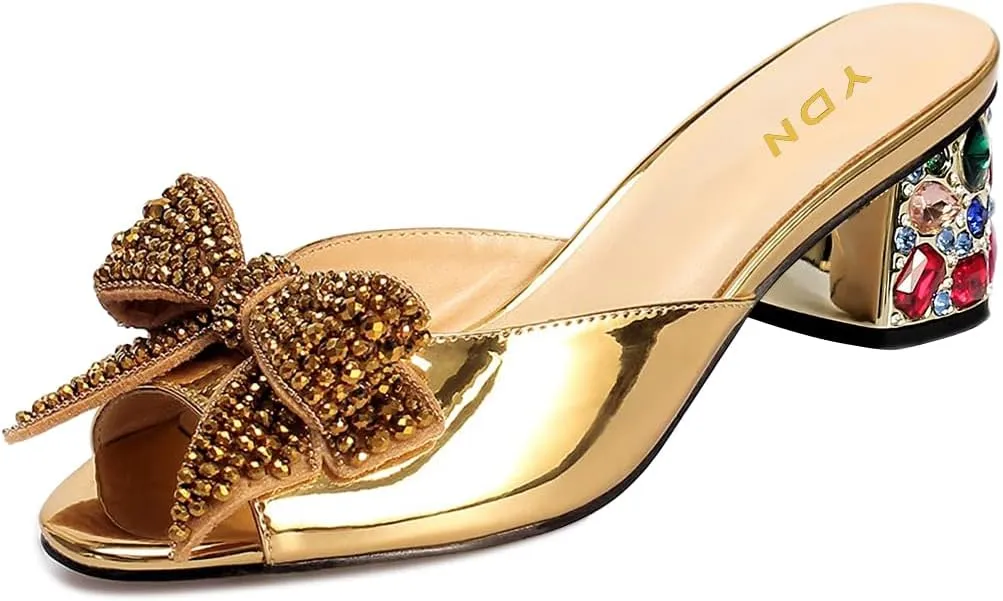 YDN Women Dressy Rhinestone Bows Mules Round Open Toe Sandals Slip on Slippers Block Low Heels Shoes Shopping Daily Size 4-15 US