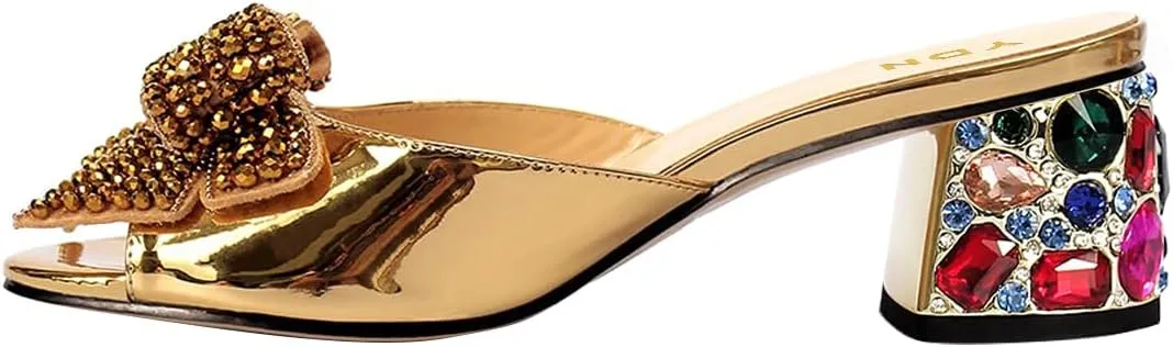 YDN Women Dressy Rhinestone Bows Mules Round Open Toe Sandals Slip on Slippers Block Low Heels Shoes Shopping Daily Size 4-15 US