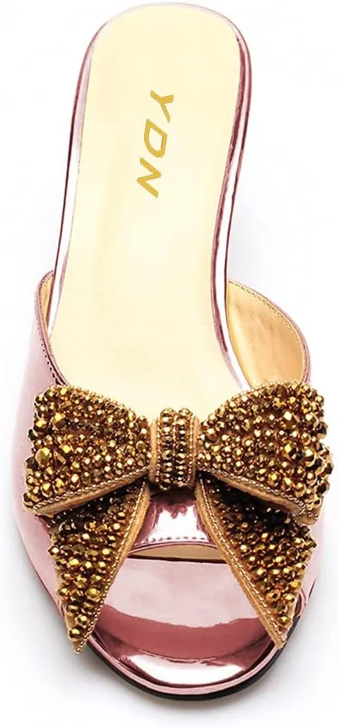YDN Women Dressy Rhinestone Bows Mules Round Open Toe Sandals Slip on Slippers Block Low Heels Shoes Shopping Daily Size 4-15 US