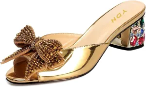 YDN Women Dressy Rhinestone Bows Mules Round Open Toe Sandals Slip on Slippers Block Low Heels Shoes Shopping Daily Size 4-15 US