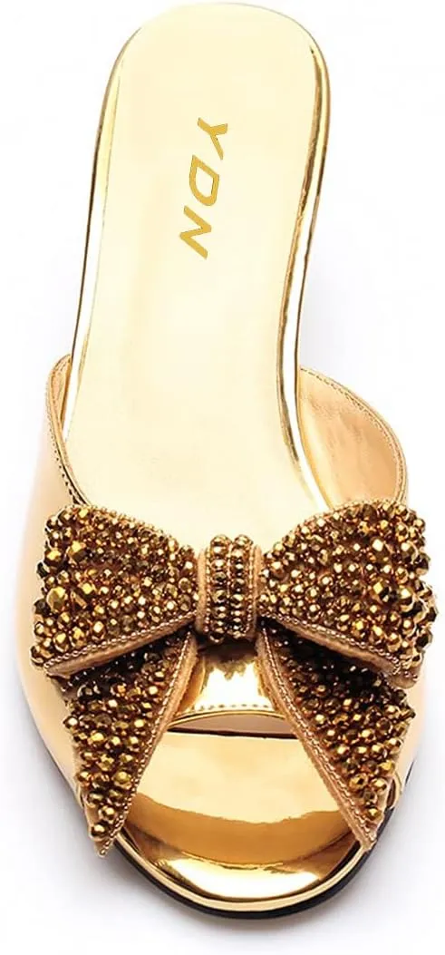 YDN Women Dressy Rhinestone Bows Mules Round Open Toe Sandals Slip on Slippers Block Low Heels Shoes Shopping Daily Size 4-15 US