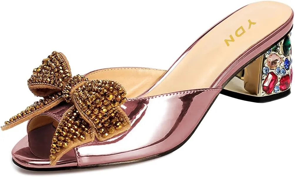 YDN Women Dressy Rhinestone Bows Mules Round Open Toe Sandals Slip on Slippers Block Low Heels Shoes Shopping Daily Size 4-15 US