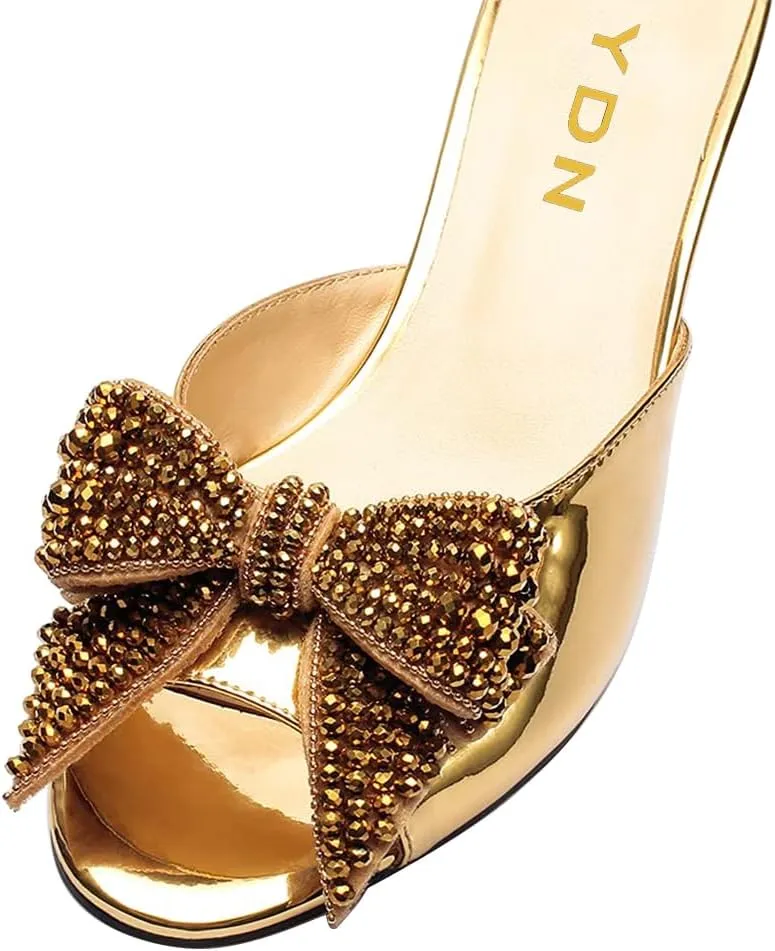 YDN Women Dressy Rhinestone Bows Mules Round Open Toe Sandals Slip on Slippers Block Low Heels Shoes Shopping Daily Size 4-15 US