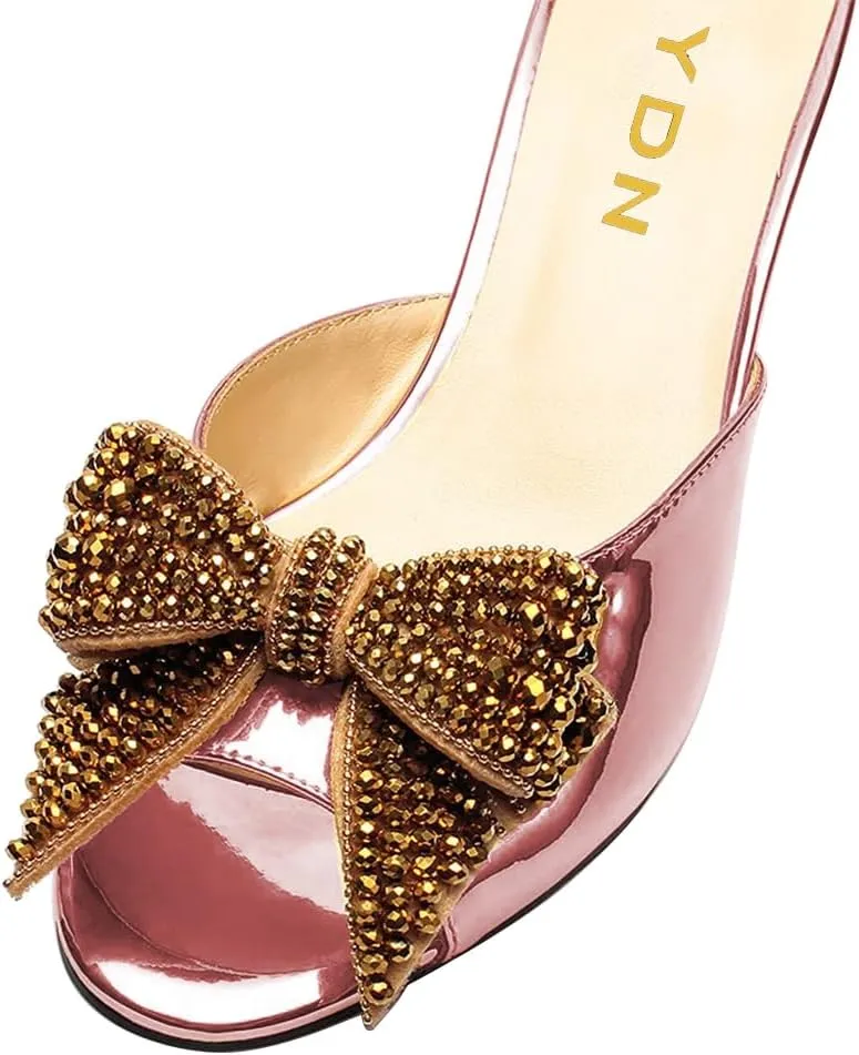 YDN Women Dressy Rhinestone Bows Mules Round Open Toe Sandals Slip on Slippers Block Low Heels Shoes Shopping Daily Size 4-15 US